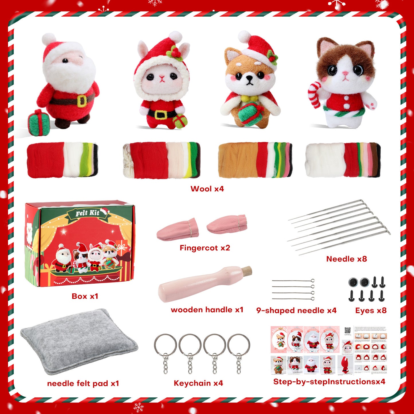 Christmas Shiba Inu, Santa, Kitties Needle Felting Kit Gift Set (1 Kit for 4)