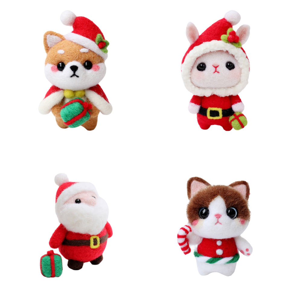 Christmas Shiba Inu, Santa, Kitties Needle Felting Kit Gift Set (1 Kit for 4)